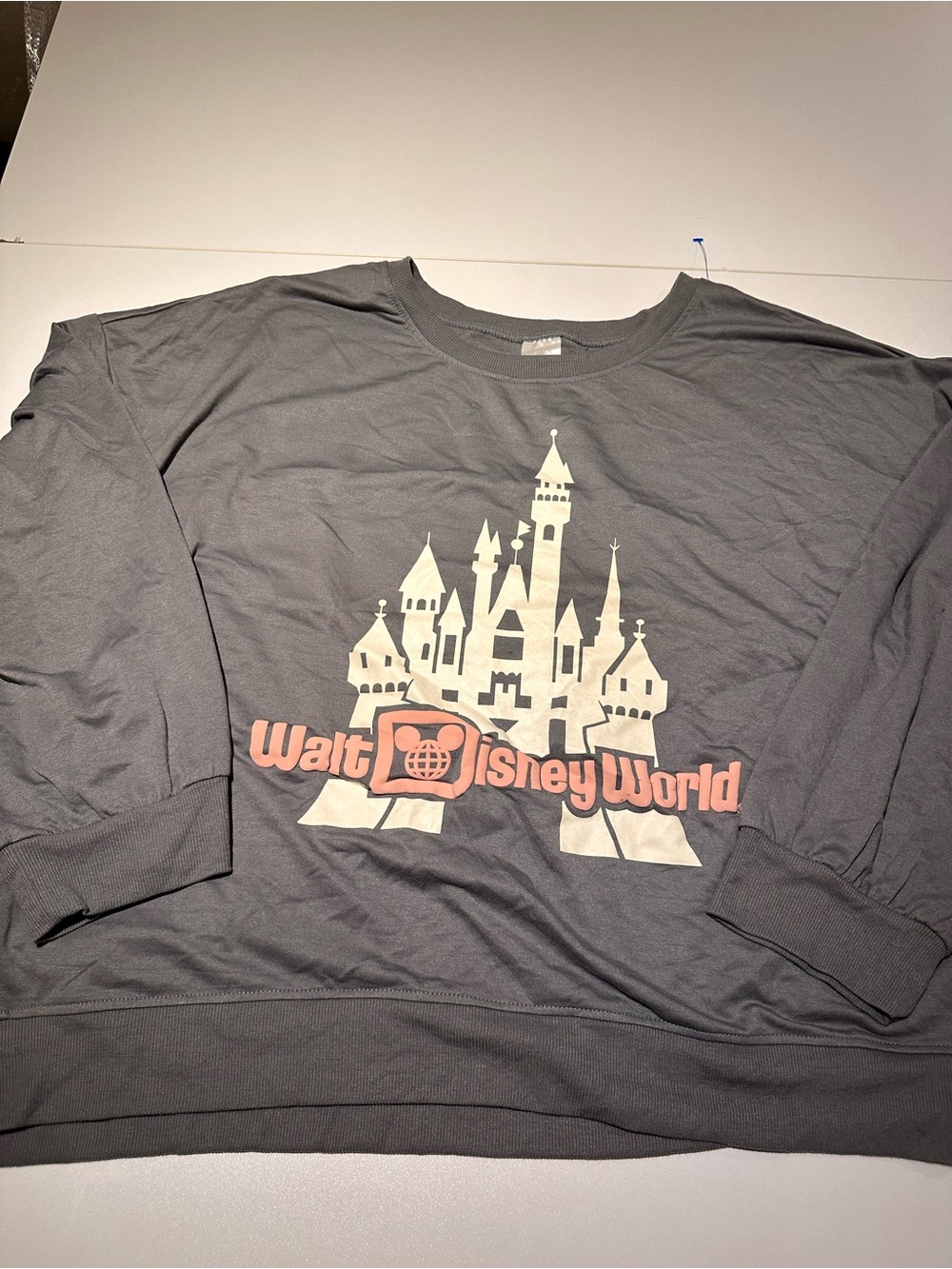 Disney Gray Crewneck with Cream Castle and Pink Logo